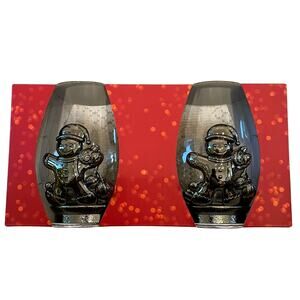 Set of 2 Metal & Glass Christmas SNOWMAN Stemless Wine Glasses New